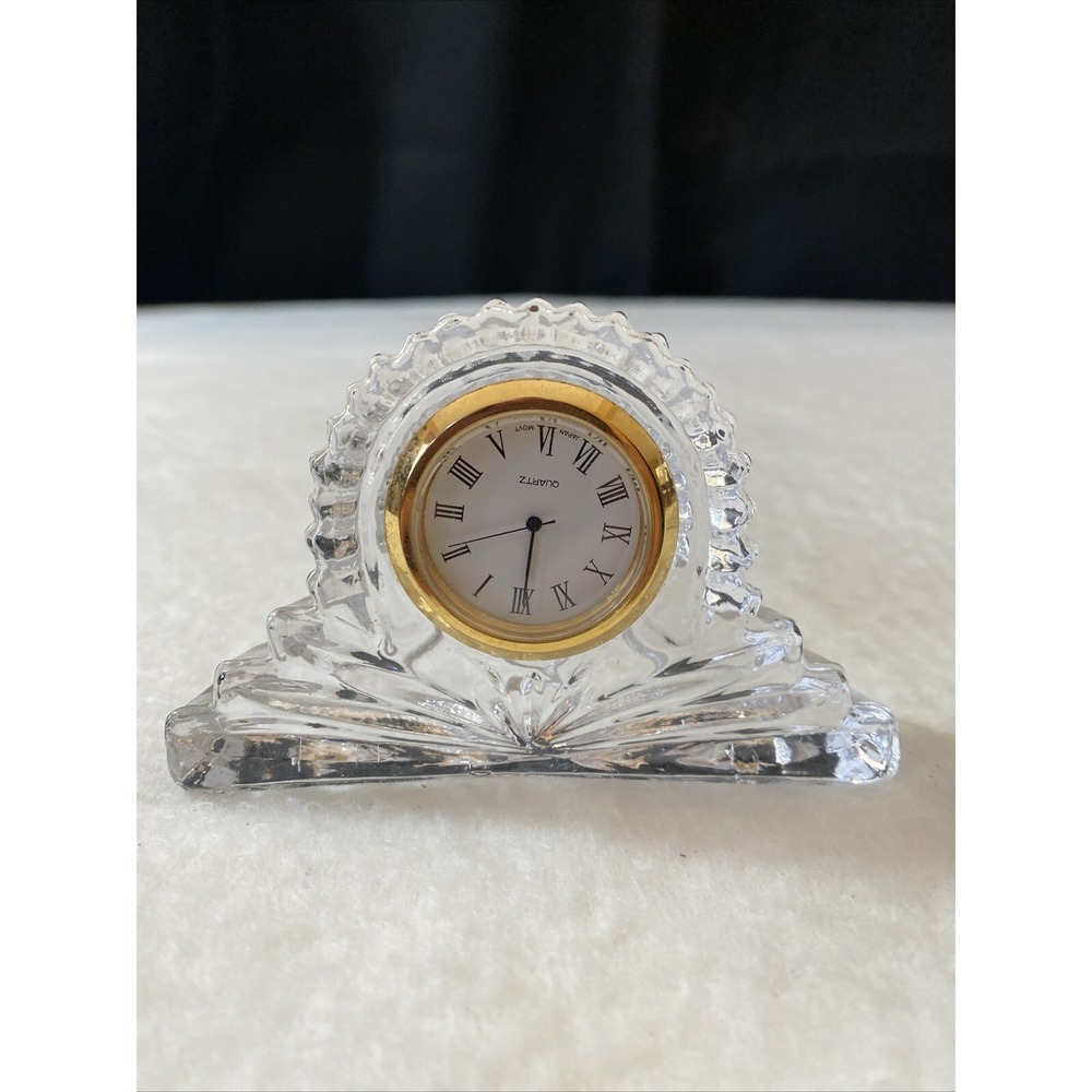 Godinger Desk Clock Crystal Legends Clear Lead Gold Trim Fan Shape Vintage READ